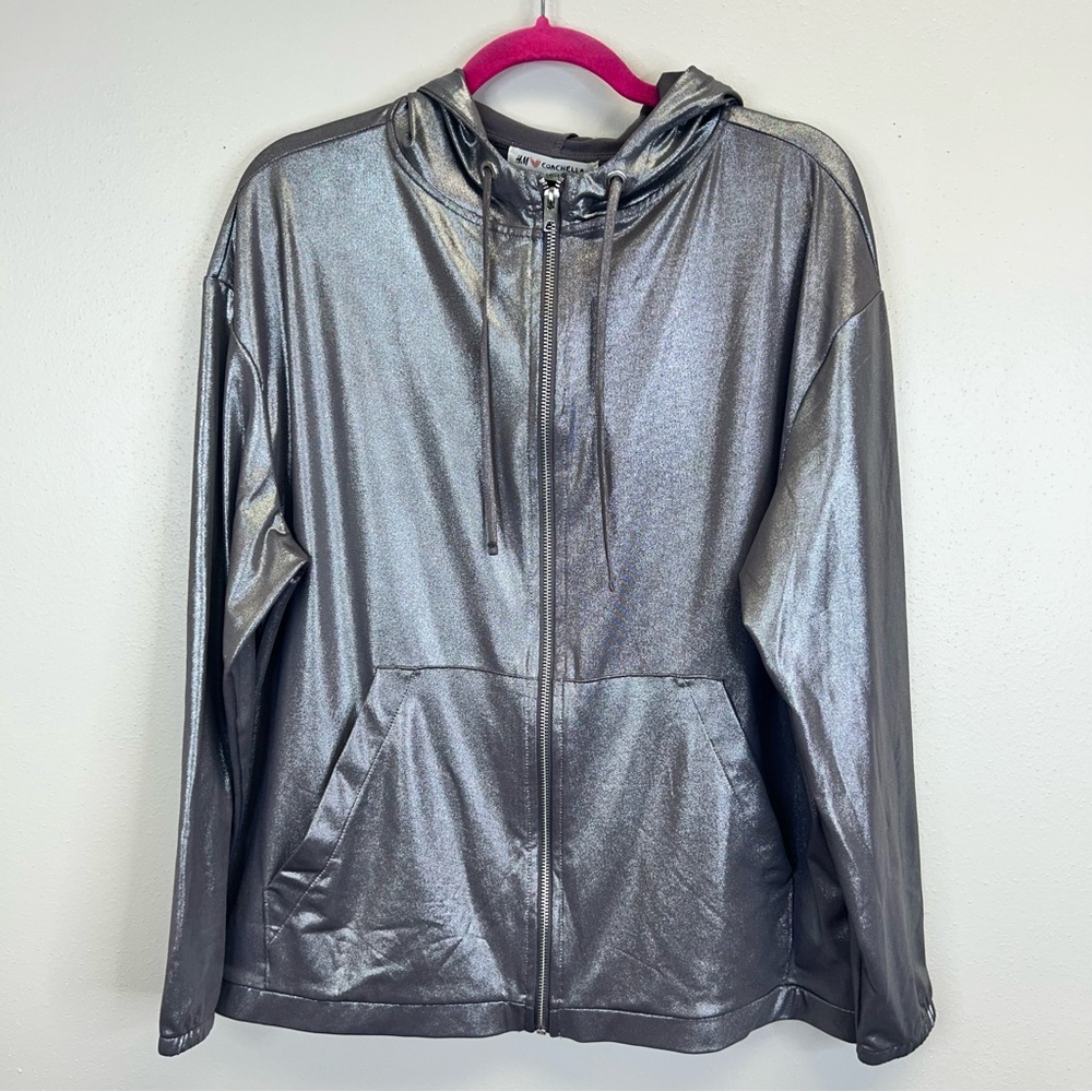 Metallic Gray Hooded Bomber Jacket XL 2X Futuristic Festival Pockets Coachella - Picture 2 of 14